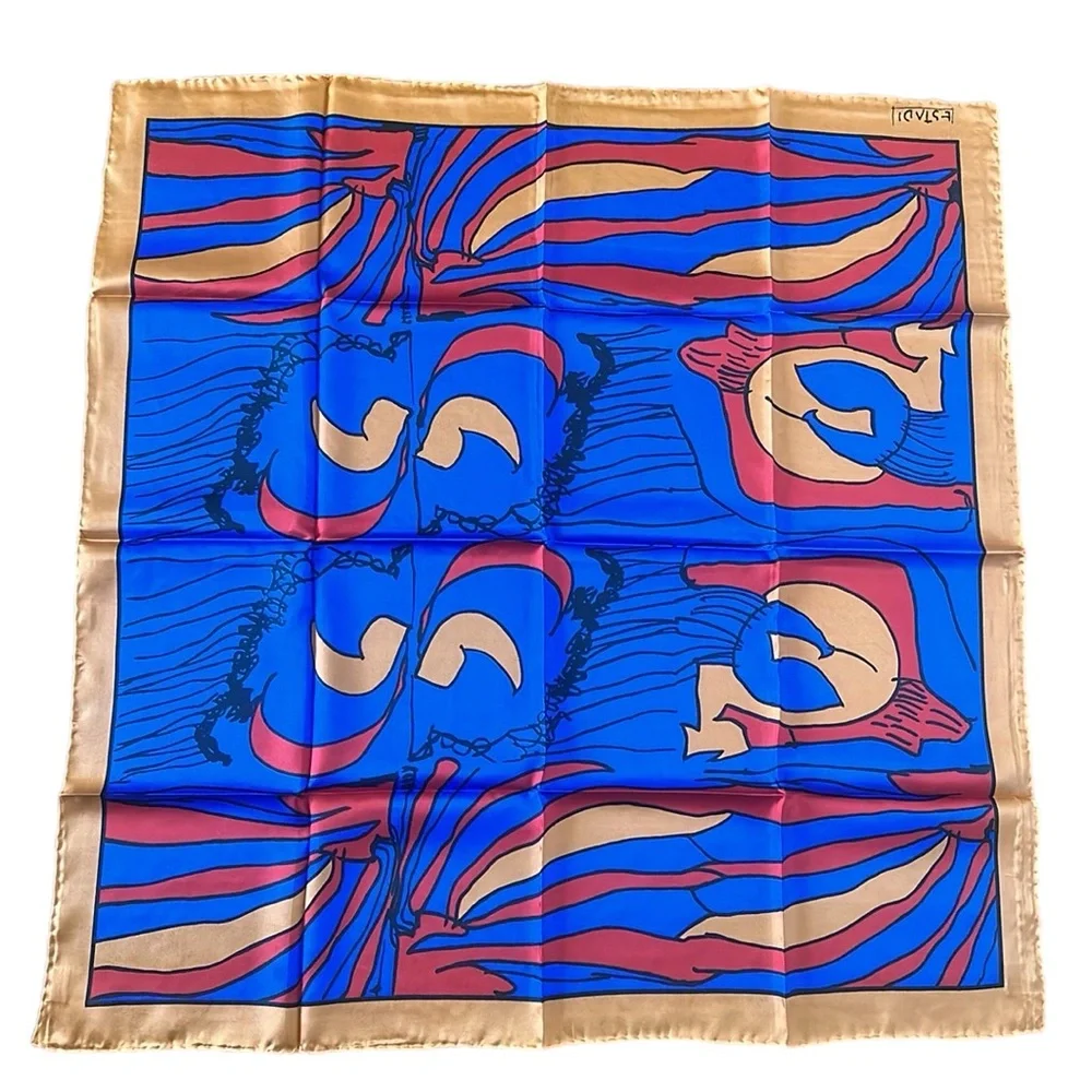Estadi 100% Silk Twill Orange Red Blue Abstract Print Scarf Hand Rolled Hem NEW